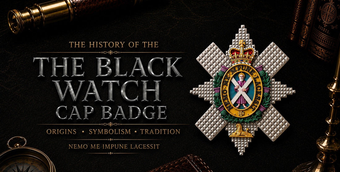 The History of the Black Watch Cap Badge — Origins, Symbolism and Tradition. Featuring the Star of the Order of the Thistle with Saint Andrew, the Saltire and the motto Nemo Me Impune Lacessit.