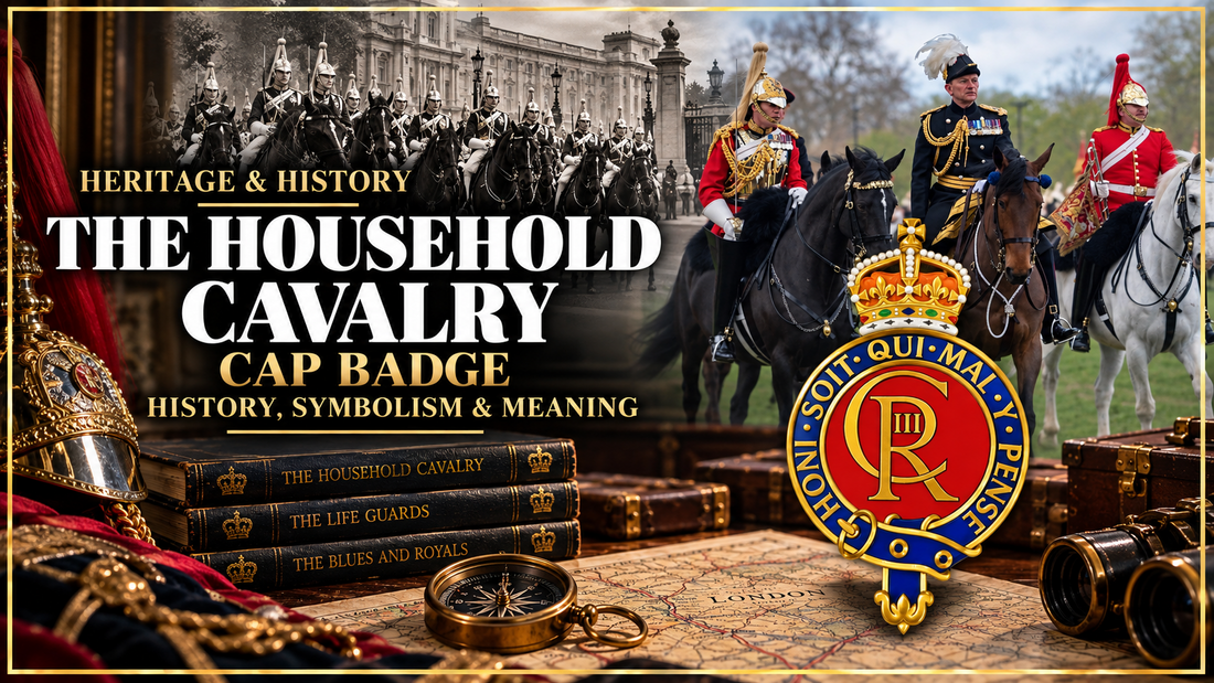 Household Cavalry heritage and history banner featuring mounted Household Cavalry personnel and cap badge