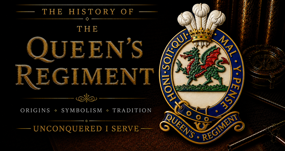 The Queen's Regiment cap badge featuring the Tudor Dragon within the Garter, surmounted by the Prince of Wales's Feathers and Coronet, with the Queen's Regiment scroll below — history, origins, symbolism and tradition