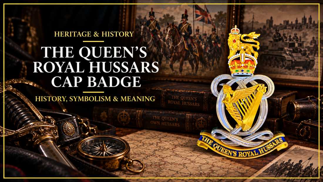 Queen’s Royal Hussars cap badge with cavalry and armoured heritage imagery