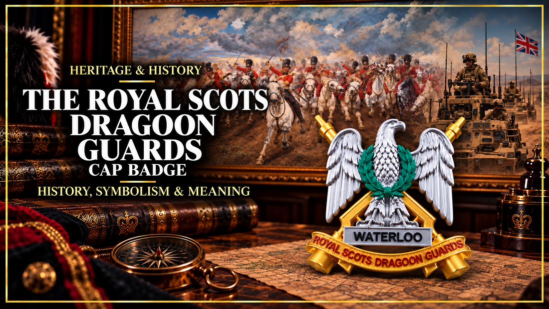 Royal Scots Dragoon Guards cap badge heritage and history banner showing Waterloo cavalry, modern reconnaissance vehicles and the RSDG badge