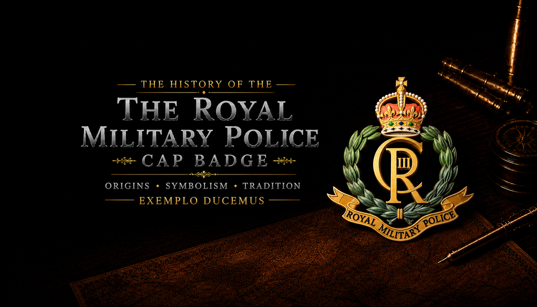 The Royal Military Police cap badge — King's Crown with CIIIR Royal Cypher, laurel wreath and Royal Military Police scroll. Exemplo Ducemus.