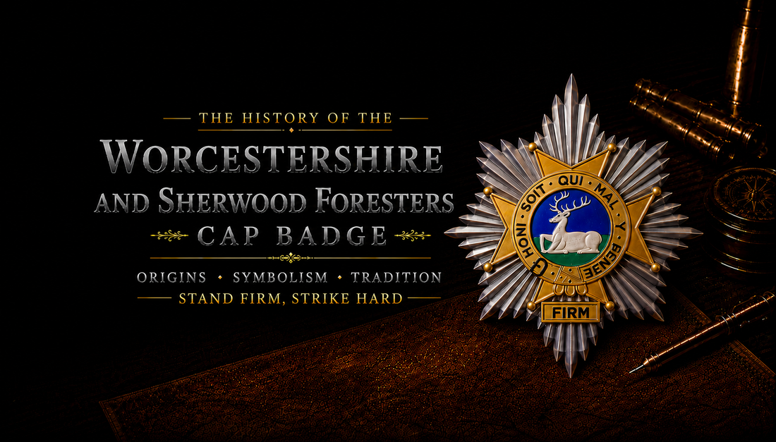 The Worcestershire and Sherwood Foresters cap badge — silver eight-pointed star, gilt Maltese Cross, buckled Garter with lodged stag and FIRM motto tablet