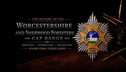The Worcestershire and Sherwood Foresters cap badge — silver eight-pointed star, gilt Maltese Cross, buckled Garter with lodged stag and FIRM motto tablet