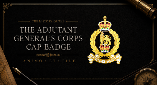 Adjutant General's Corps cap badge history — lion, crown, laurel wreath and ANIMO ET FIDE motto scroll
