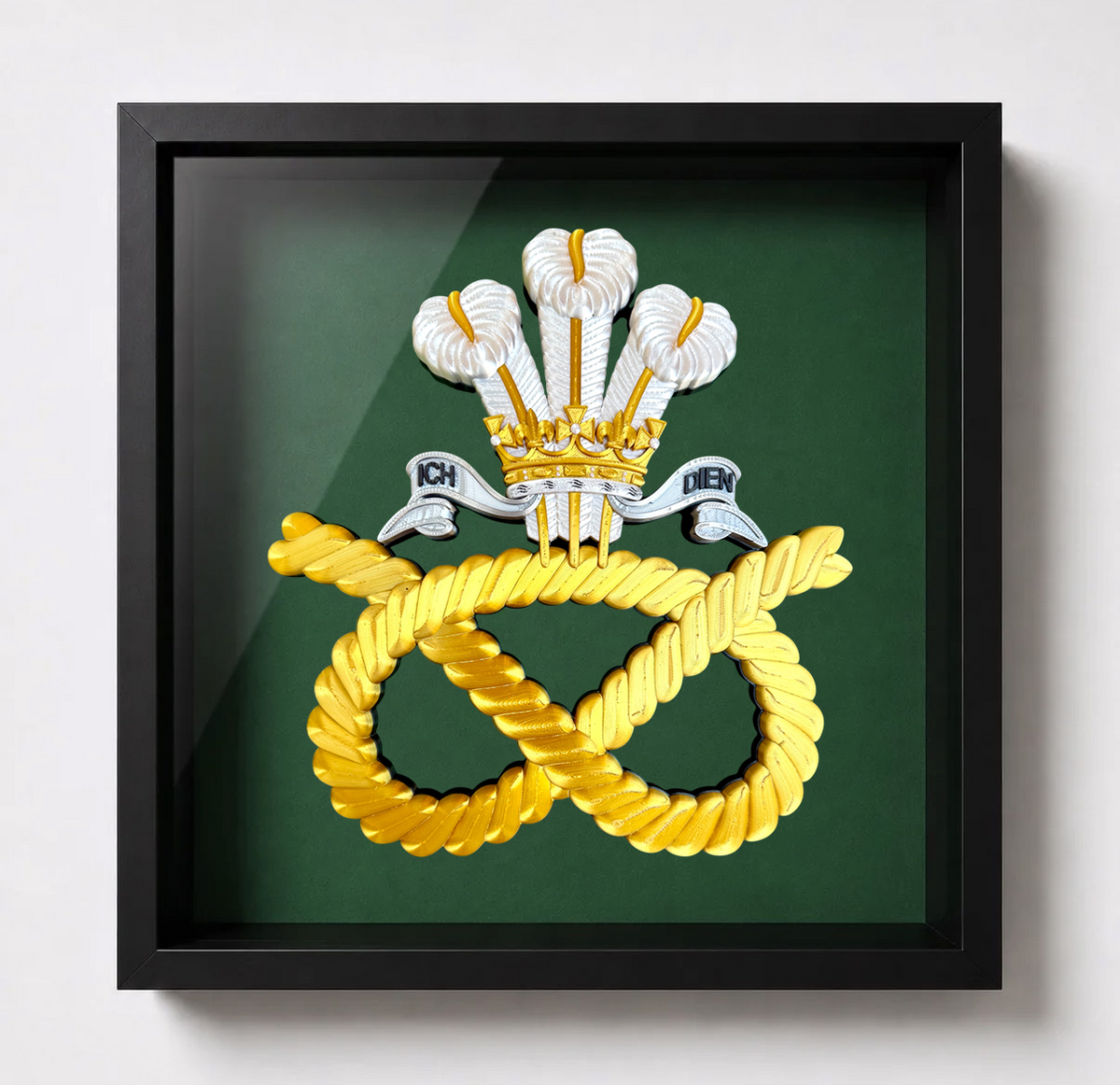 Staffordshire Regiment framed cap badge display with coronet and ICH DIEN scroll