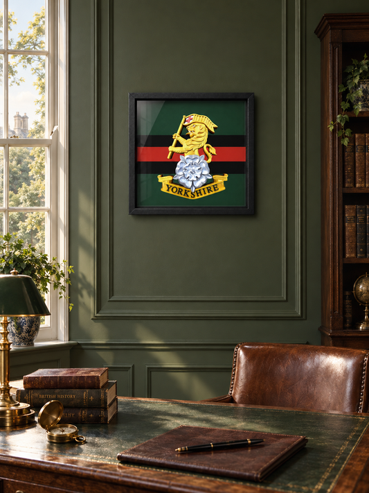 Royal Yorkshire Regiment cap badge display frame with regimental backing