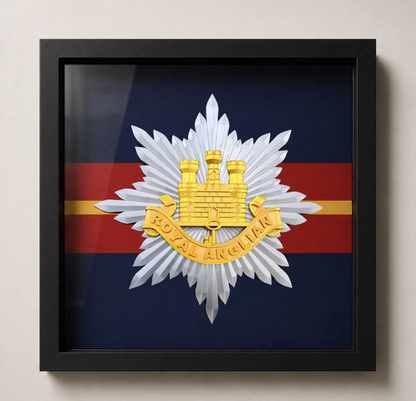 Royal Anglian Regiment cap badge in a deep box display frame with handmade regimental-coloured backing
