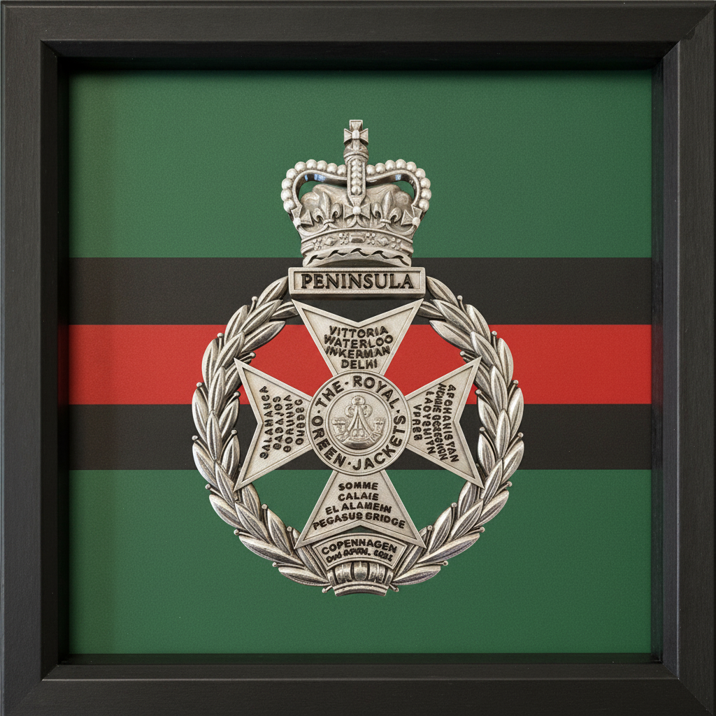 3D Printed Royal Green Jackets Cap Badge Display Frame – Queen's Crown - Precision Military Emblems
