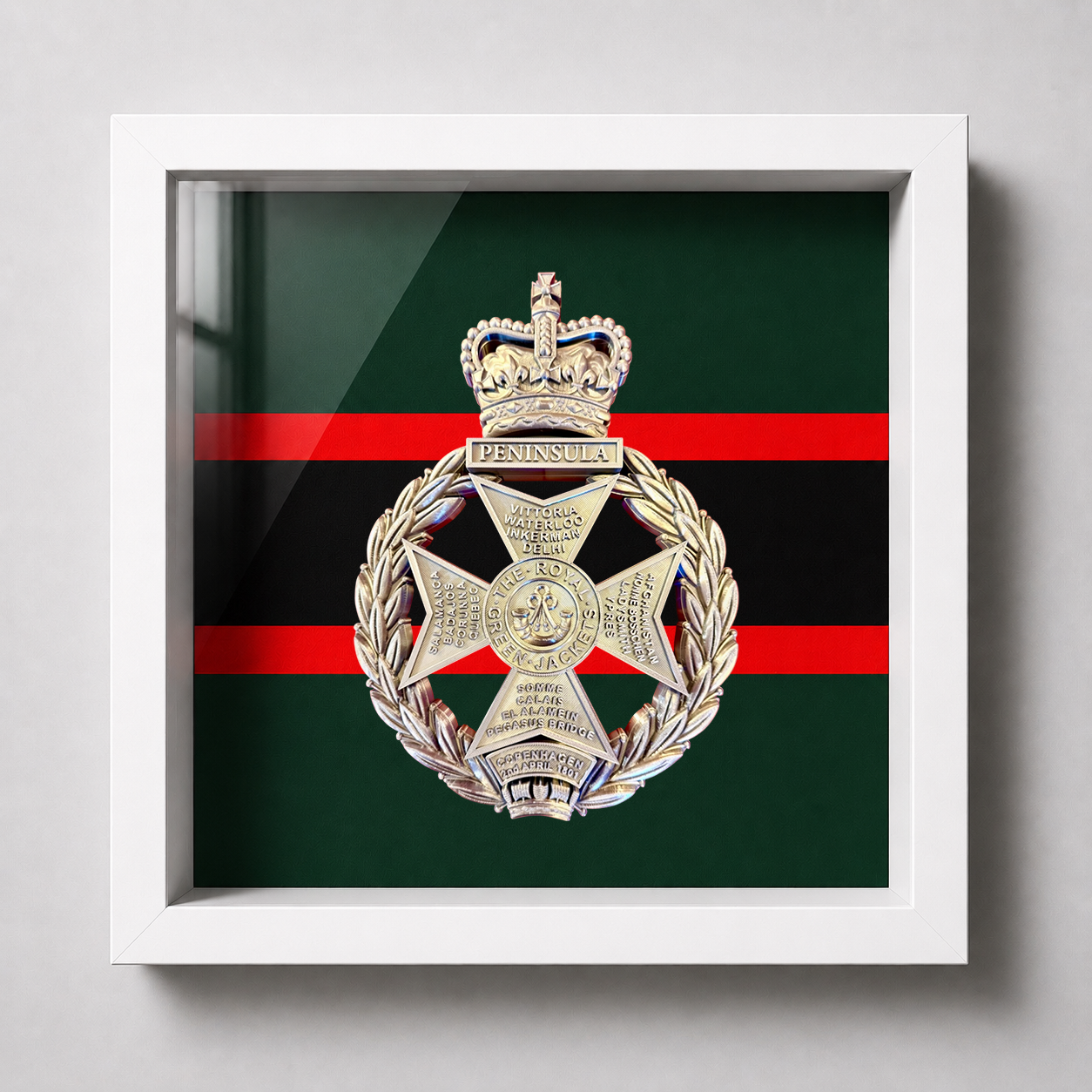 Royal Green Jackets Silver Cap Badge Display Frame - Precision Military Emblems 