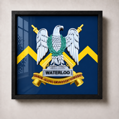 Officially licensed RSDG cap badge display frame with regimental Vandyke backing