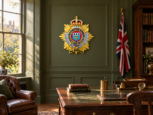 Royal Logistic Corps King's Crown cap badge mounted on an olive-green wall in a traditional British study