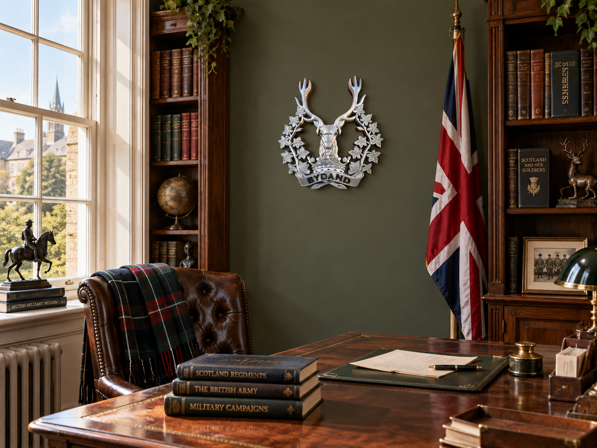 Gordon Highlanders Cap Badge with stag’s head, ducal coronet and BYDAND scroll