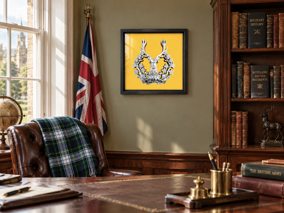 Gordon Highlanders Cap Badge Display Frame with stag’s head, ducal coronet and BYDAND scroll