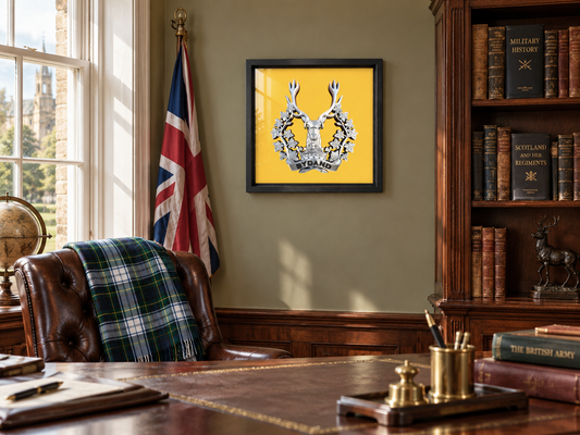 Gordon Highlanders Cap Badge Display Frame with stag’s head, ducal coronet and BYDAND scroll