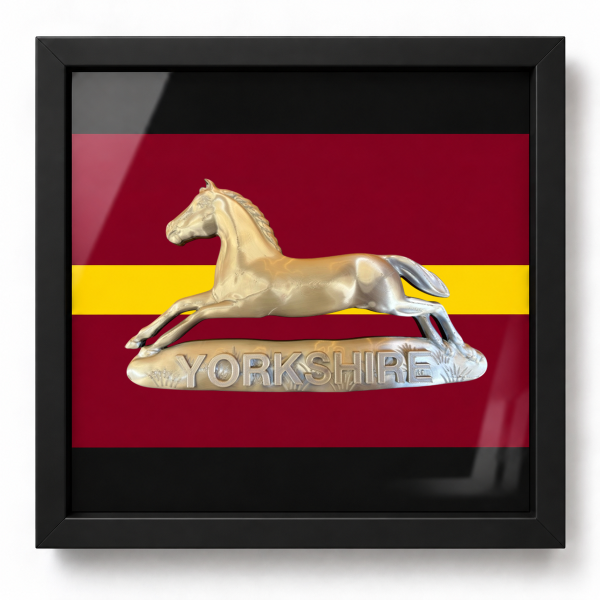 Yorkshire White Horse of Hanover 3D-printed military cap badge presented in a deep shadow-box frame