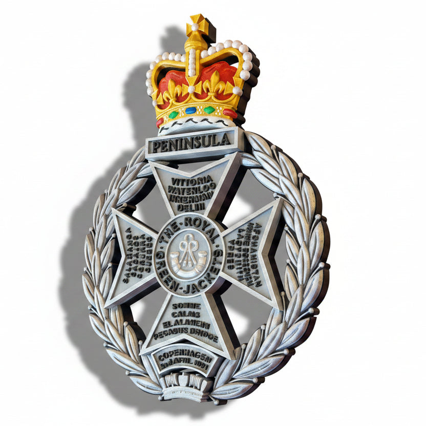 Royal Green Jackets 3D Printed Cap Badge Silver Black and Coloured Crown - Precision Military Emblems