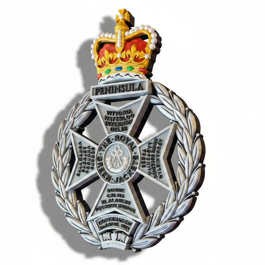 Royal Green Jackets 3D Printed Cap Badge Silver Black and Coloured Crown - Precision Military Emblems