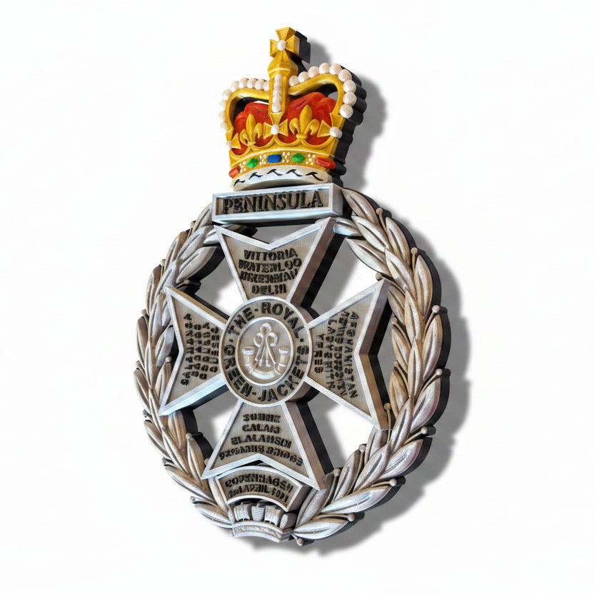 Royal Green Jackets 3D Printed Cap Badge Silver Black and Coloured Crown - Precision Military Emblems