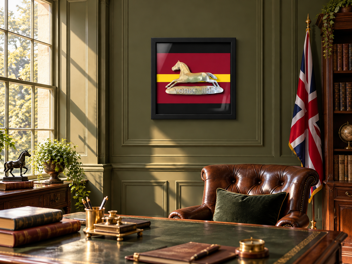 Prince of Wales's Own Regiment of Yorkshire cap badge display frame with silver White Horse of Hanover and YORKSHIRE lettering