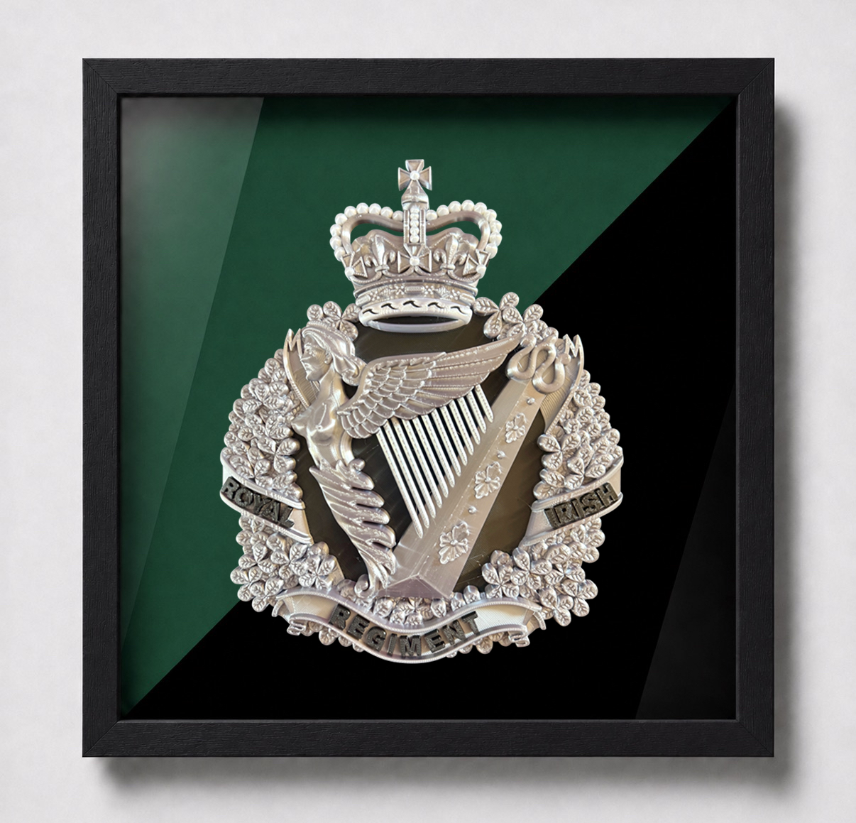 The Royal Irish Regiment Cap Badge Display Frame | Silver, Black & White - Precision Military Emblems 