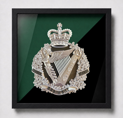 The Royal Irish Regiment Cap Badge Display Frame | Silver, Black & White - Precision Military Emblems 