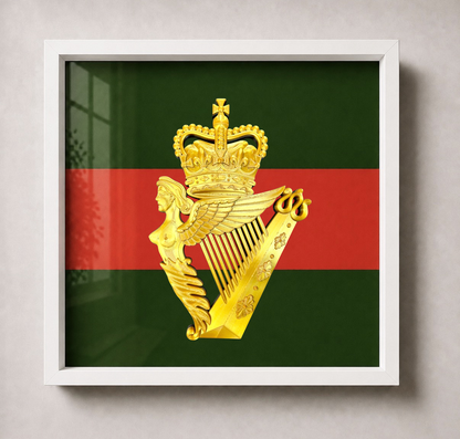 White frame: Ulster Defence Regiment display frame – Maid of Erin harp badge in deep box frame