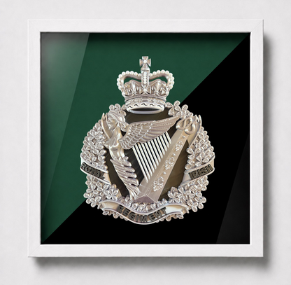 The Royal Irish Regiment Cap Badge Display Frame | Silver, Black & White - Precision Military Emblems 