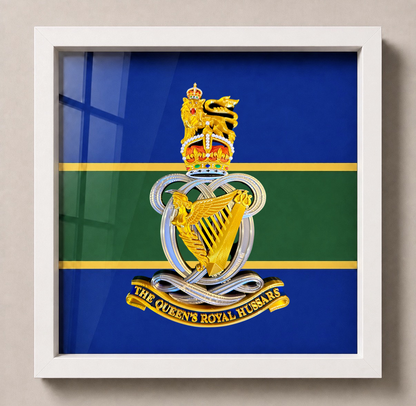 Close-up of Queen’s Royal Hussars King’s Crown cap badge in a hand-finished display frame