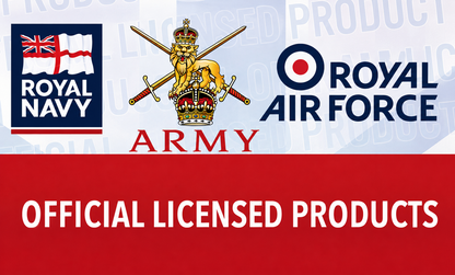 Officially licensed British military products banner showing Royal Navy, British Army and Royal Air Force insignia