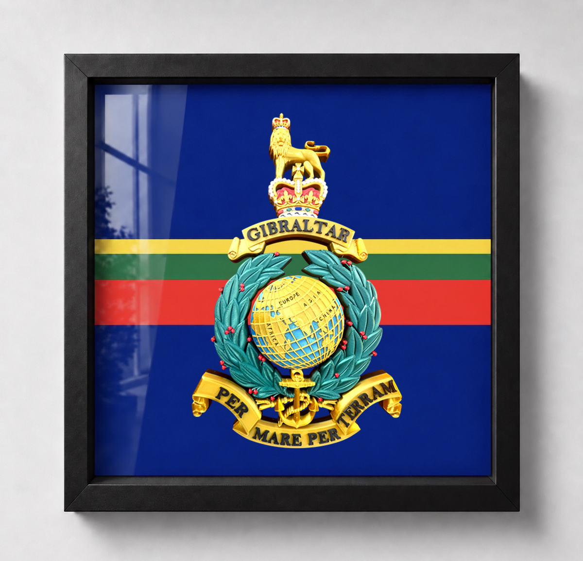 Black frame: Deep Royal Marines Queen's Crown display frame with its specially printed regimental backing