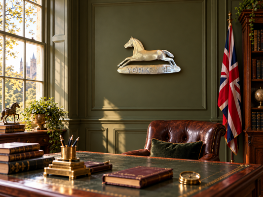 Prince of Wales's Own Regiment of Yorkshire silver White Horse cap badge displayed on an olive-green panelled study wall