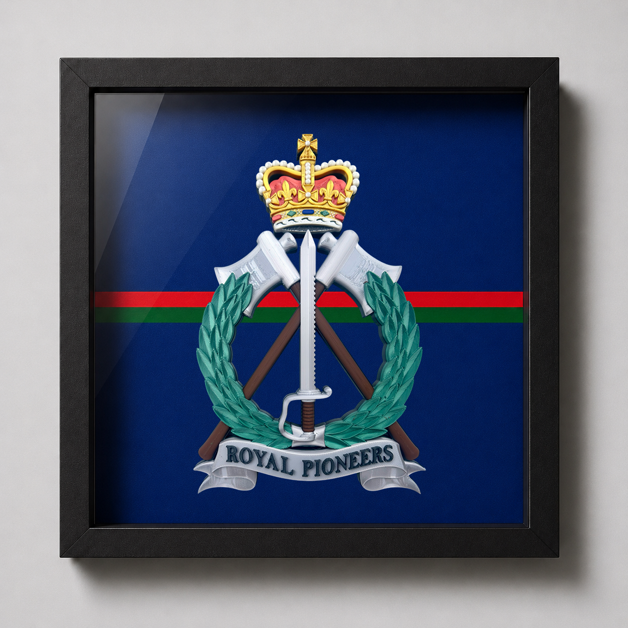 Royal Pioneer Corps Full Colour Cap Badge & Stable Belt Display Frame - Precision Military Emblems 