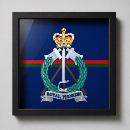 Royal Pioneer Corps Full Colour Cap Badge & Stable Belt Display Frame - Precision Military Emblems 