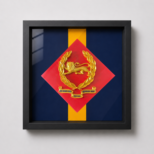 King's Own Royal Border Regiment Beret Badge with Scroll & Stable Belt Display Frame - Precision Military Embles 