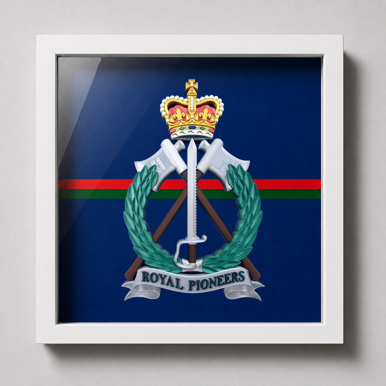 Royal Pioneer Corps Full Colour Cap Badge & Stable Belt Display Frame - Precision Military Emblems 