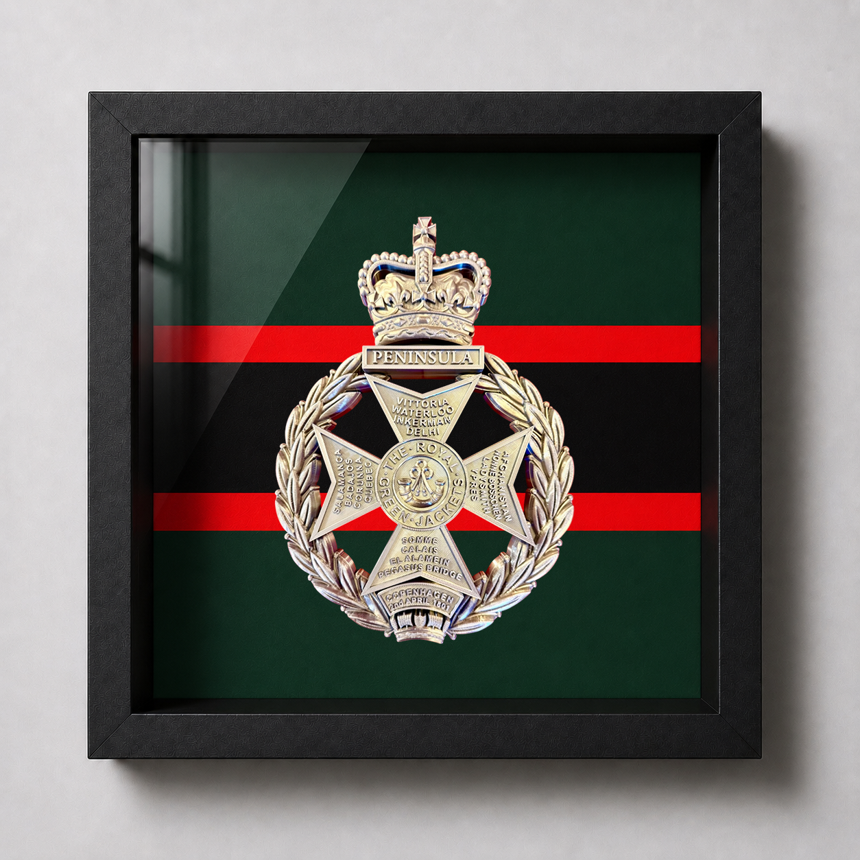 Royal Green Jackets Silver Cap Badge Display Frame - Precision Military Emblems 