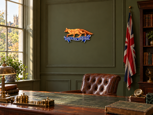 Queen's Own Yeomanry cap badge displayed on a traditional British study wall