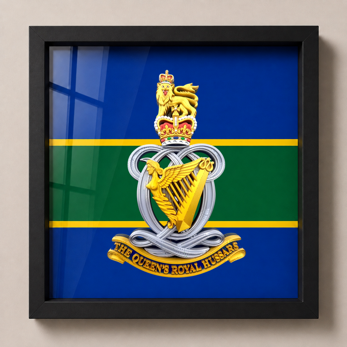 Queen’s Royal Hussars Queen’s Crown cap badge display frame showing the framed badge and regimental-coloured backing
