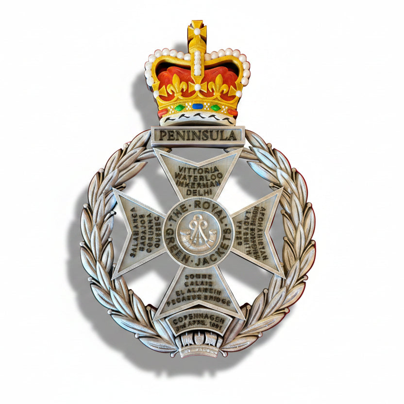 Royal Green Jackets 3D Printed Cap Badge Silver Black and Coloured Crown - Precision Military Emblems