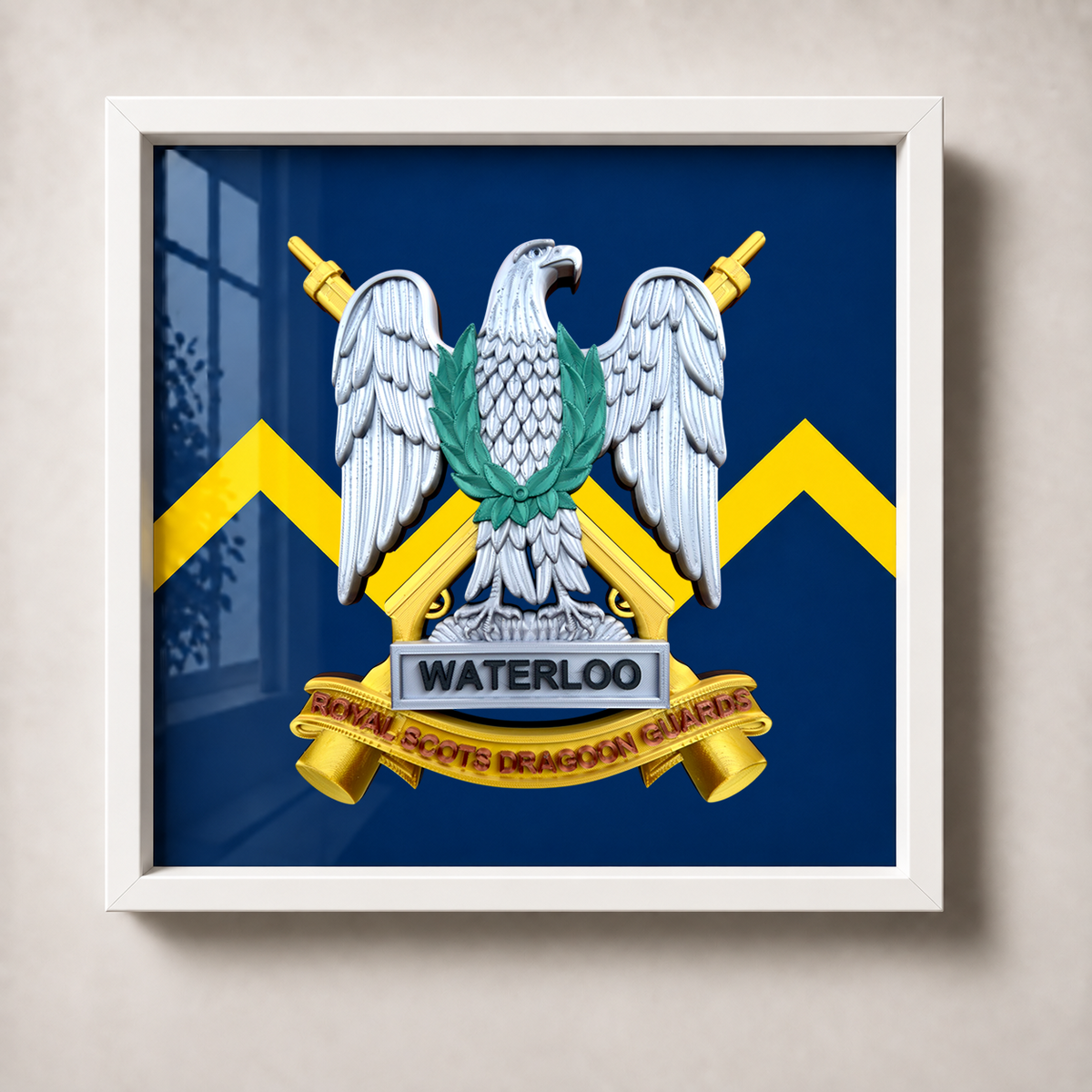 SCOTS DG framed cap badge display featuring the Waterloo Eagle and crossed carbines