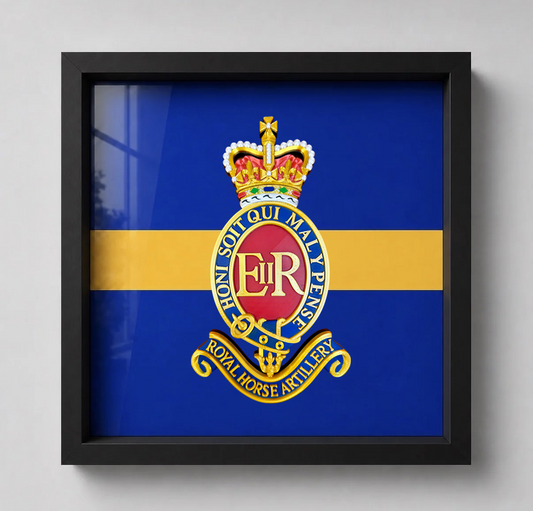 3rd Regiment Royal Horse Artillery (3 RHA) 3D Printed Cap Badge & Stable Belt in Black Display Frame - Precision Military Emblems