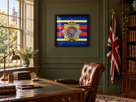 Royal Logistic Corps King's Crown cap badge in a black display frame on an olive-green study wall