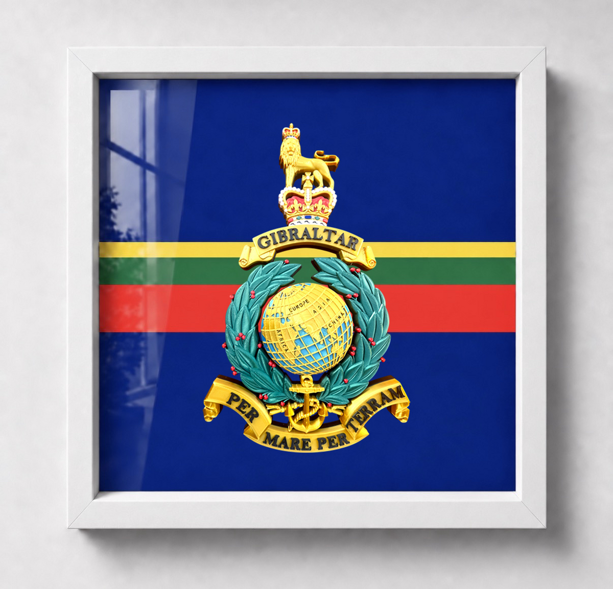White frame: Royal Marines Queen's Crown Globe and Laurel emblem presented in a matching shadow-box frame