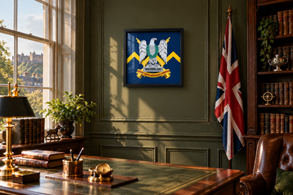 Royal Scots Dragoon Guards cap badge display frame with yellow Vandyke on royal blue backing