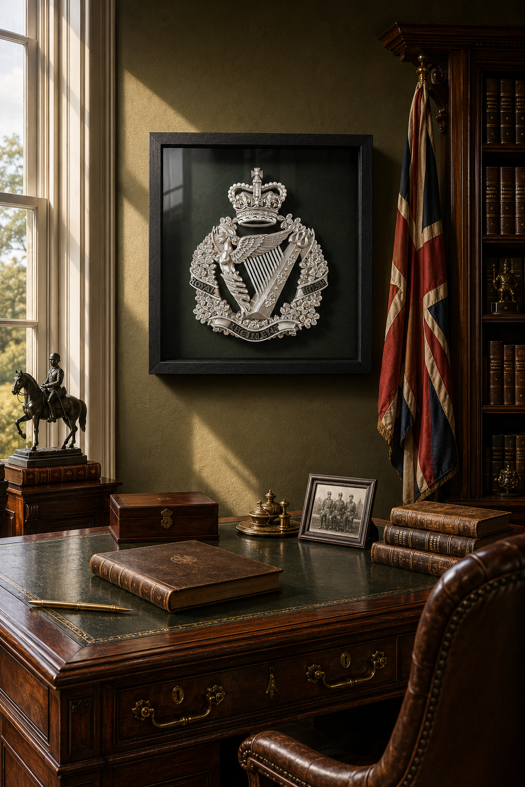 The Royal Irish Regiment Cap Badge Display Frame | Silver, Black & White - Precision Military Emblems 