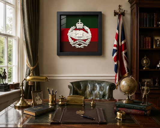 Royal Tank Regiment King's Crown Silver & Black Cap Badge Display Frame - Precision Militay Emblems 