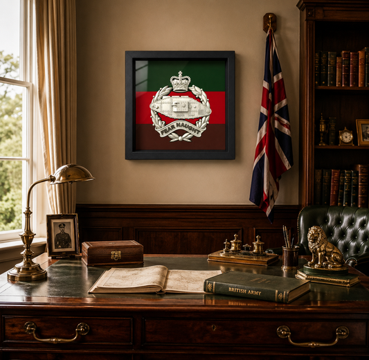 Royal Tank Regiment Queen's Crown Silver & Black Cap Badge Display Frame  - Precsion Military Emblems 