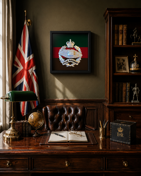 Royal Tank Regiment Cap Badge Display Frame – Queen's Crown Silver - Precision Military Emblems 