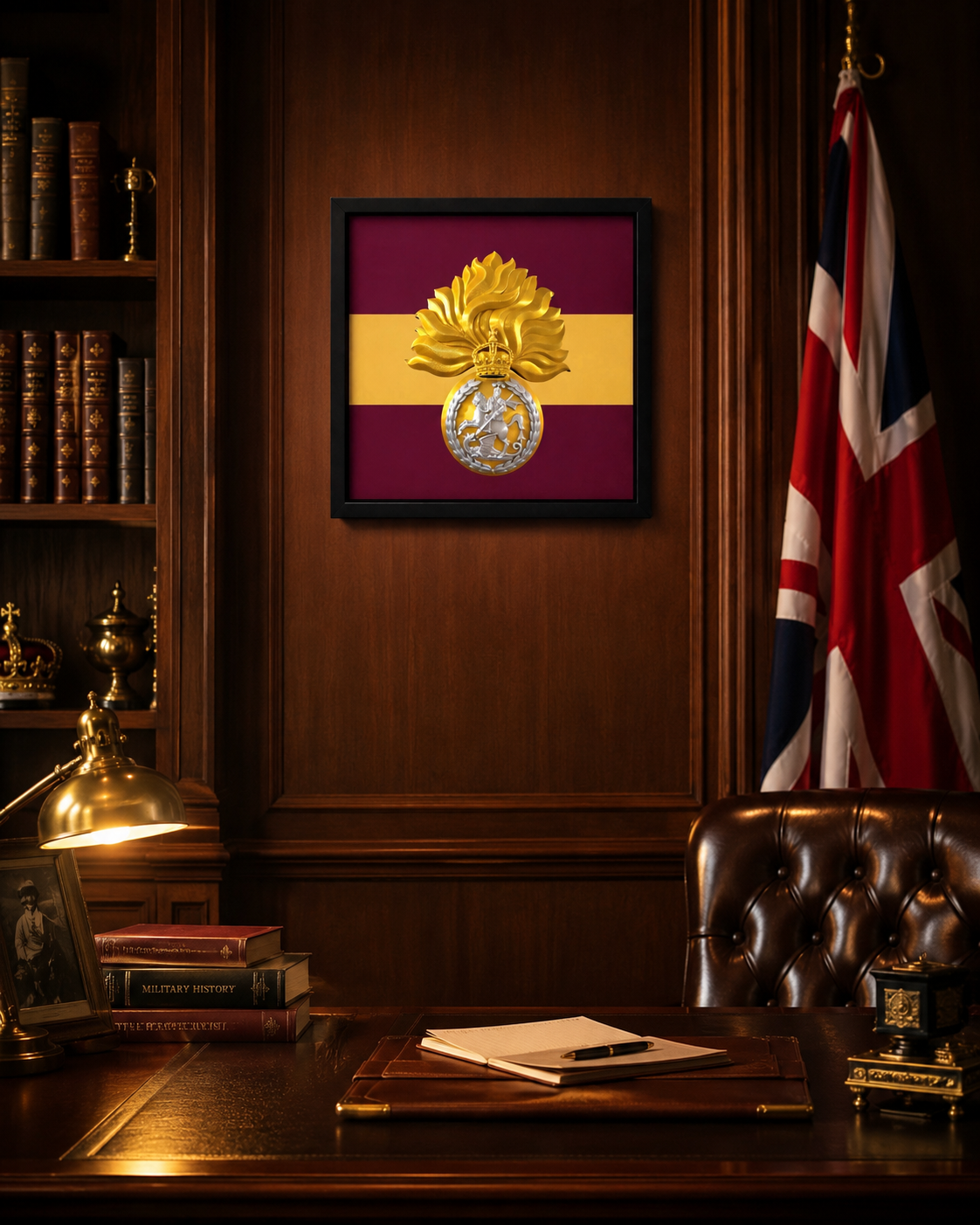 Royal Regiment of Fusiliers 3D printed cap badge display frame with King's Crown grenade insignia in deep box frame